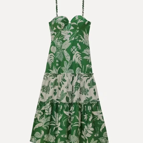 FARM Rio Forest Soul Mix Midi Dress Tropical Green White Tiered Size - Picture 2 of 4